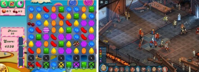 No Buttons Here Candy Crush Saga (left) vs. The Banner Saga (right).