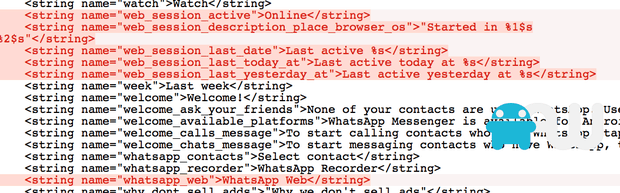 WhatsApp Web references discovered inside the Android APK. Image: AndroidWorld