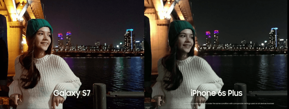 Galaxy S7 vs. iPhone 6s Plus in low light. Photo: Samsung
