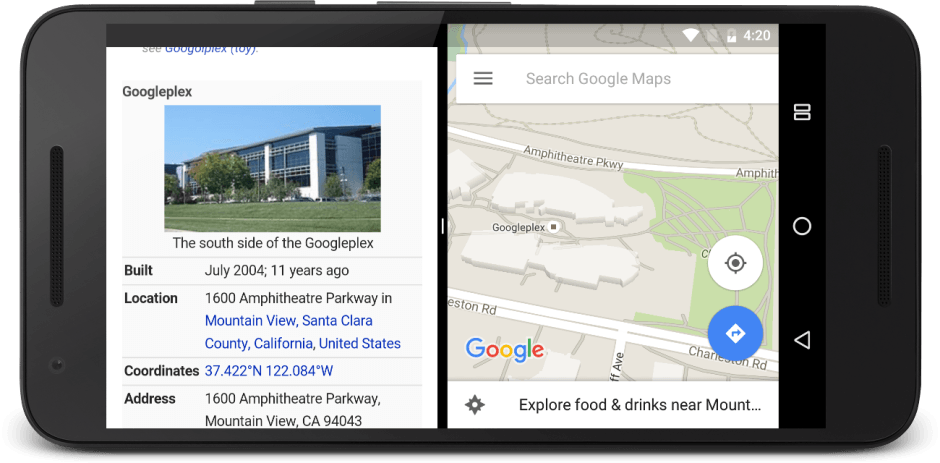 Split-screen finally comes to stock Android. Screenshot: Google